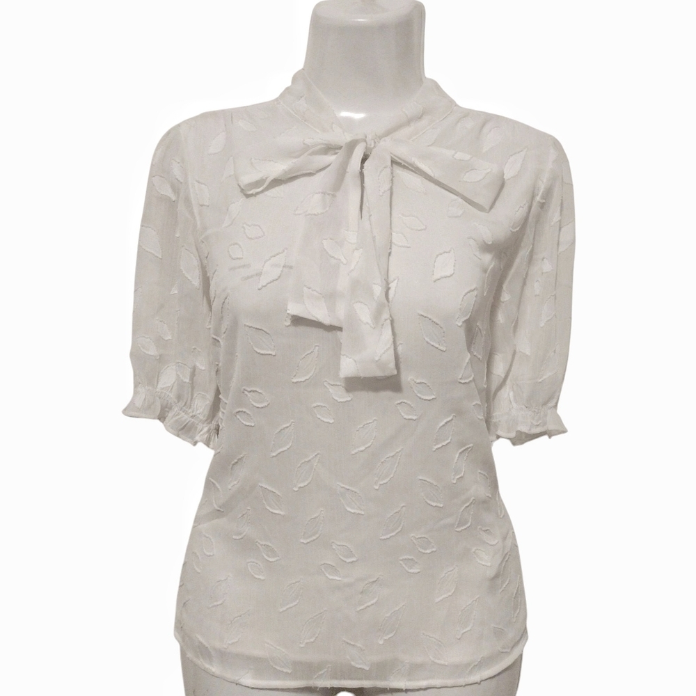 Calvin Klein - Neck Tie Puff Sleeves Sheer Blouse